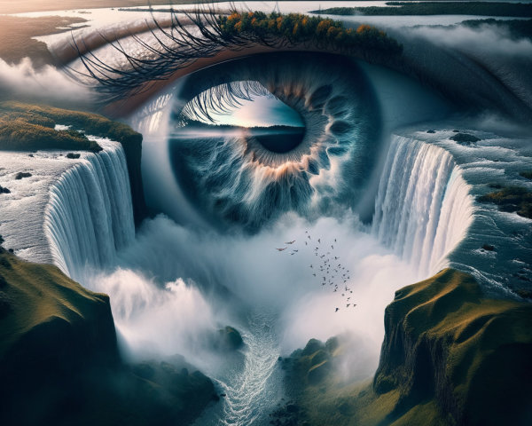 Surreal Landscape with Giant Eye and Waterfall Scene