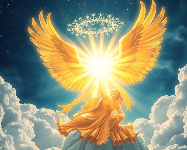 Majestic figure with golden wings in celestial setting