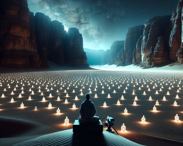 Desert Meditation Scene with Glowing Buddha Statues