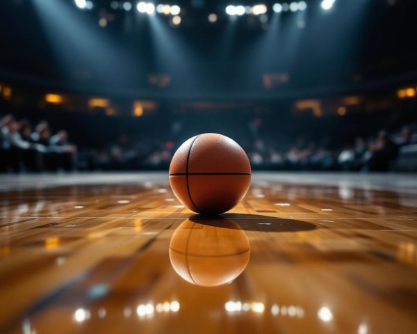 Basketball on Polished Court with Dramatic Lighting