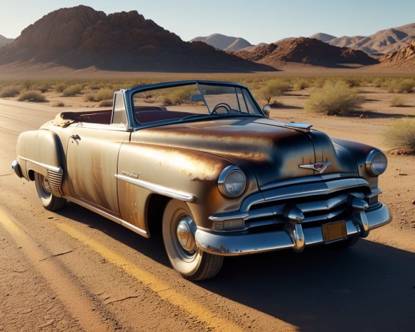Vintage Convertible Car on Deserted Road in Desert