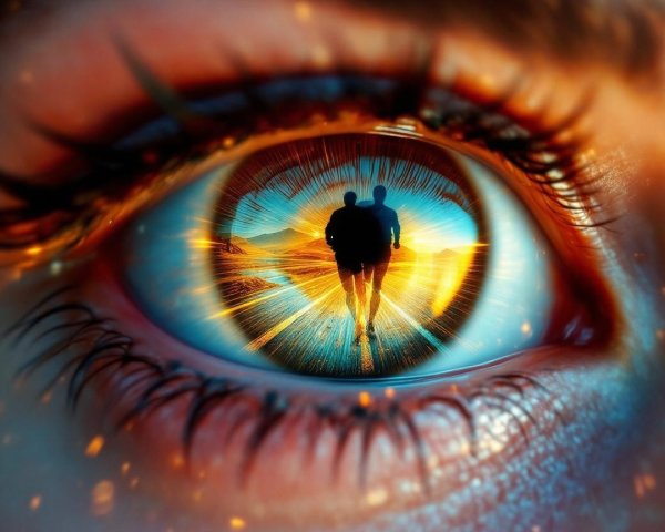 Close-up of a human eye reflecting a vibrant landscape