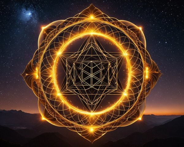 Geometric Mandala Design with Golden Light and Stars