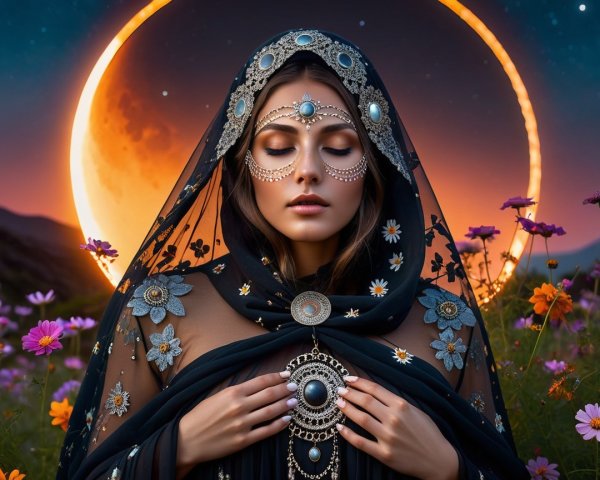 Serene Woman in Veil Amidst Vibrant Flowers and Moon