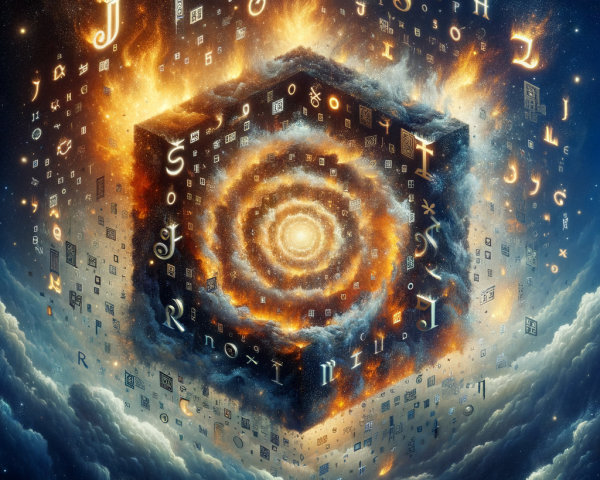 Swirling Cube in Cosmic Scene with Glowing Runes