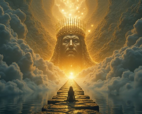 Serene figure on stone path toward luminous face
