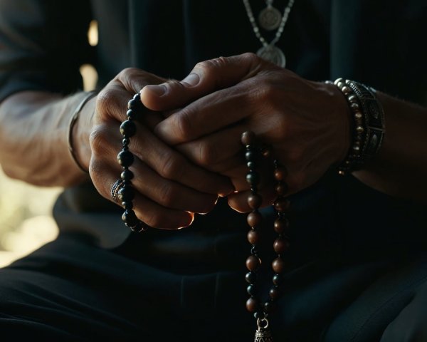 Close-Up of Hands Holding Intricate Prayer Beads