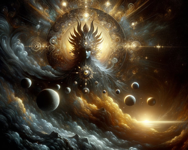 Ethereal Figure in Vibrant Cosmic Scene with Planets