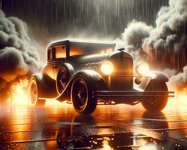 Vintage Car Surrounded by Flames and Rainy Atmosphere