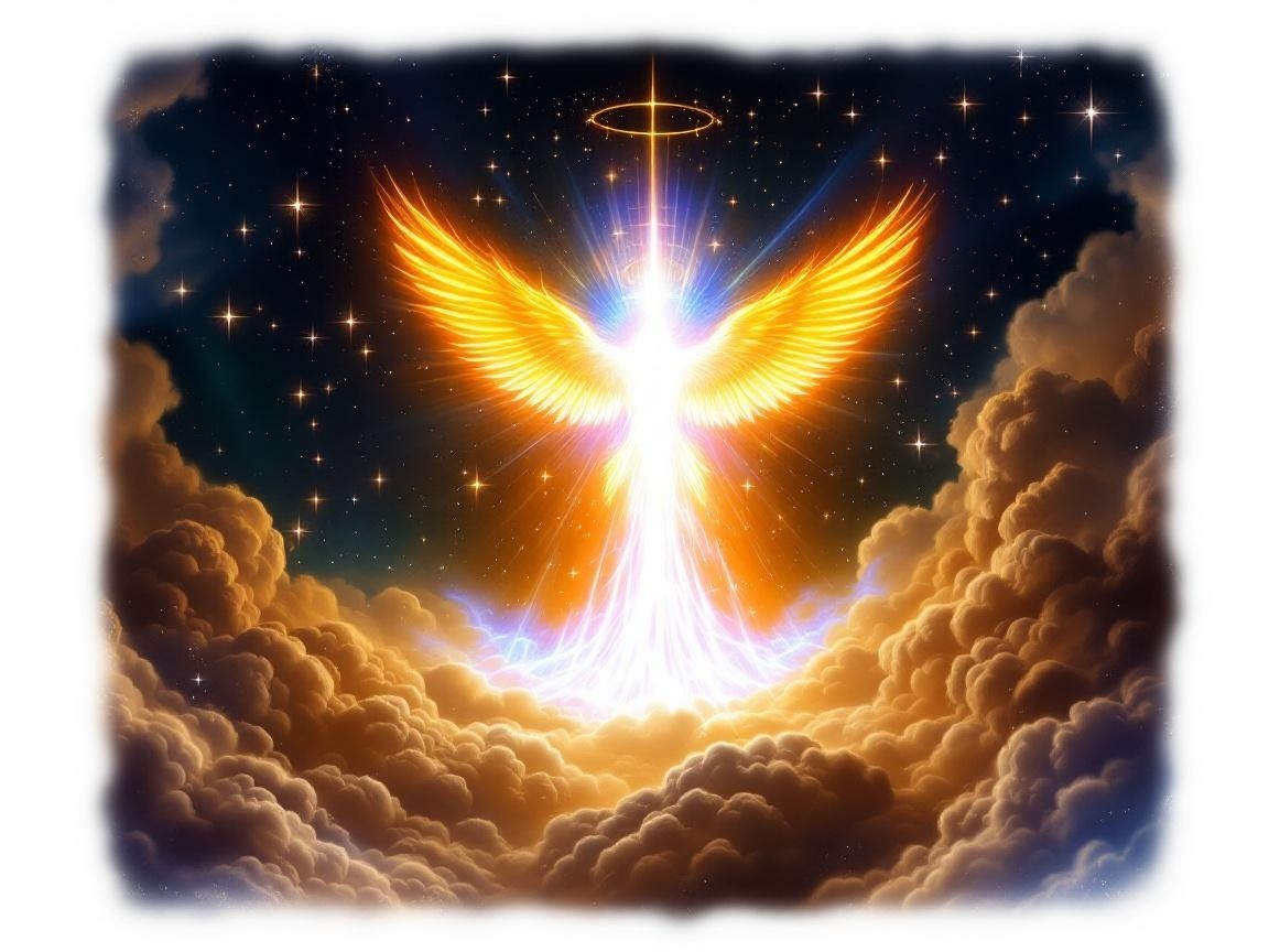 Radiant angel with orange and white wings in clouds