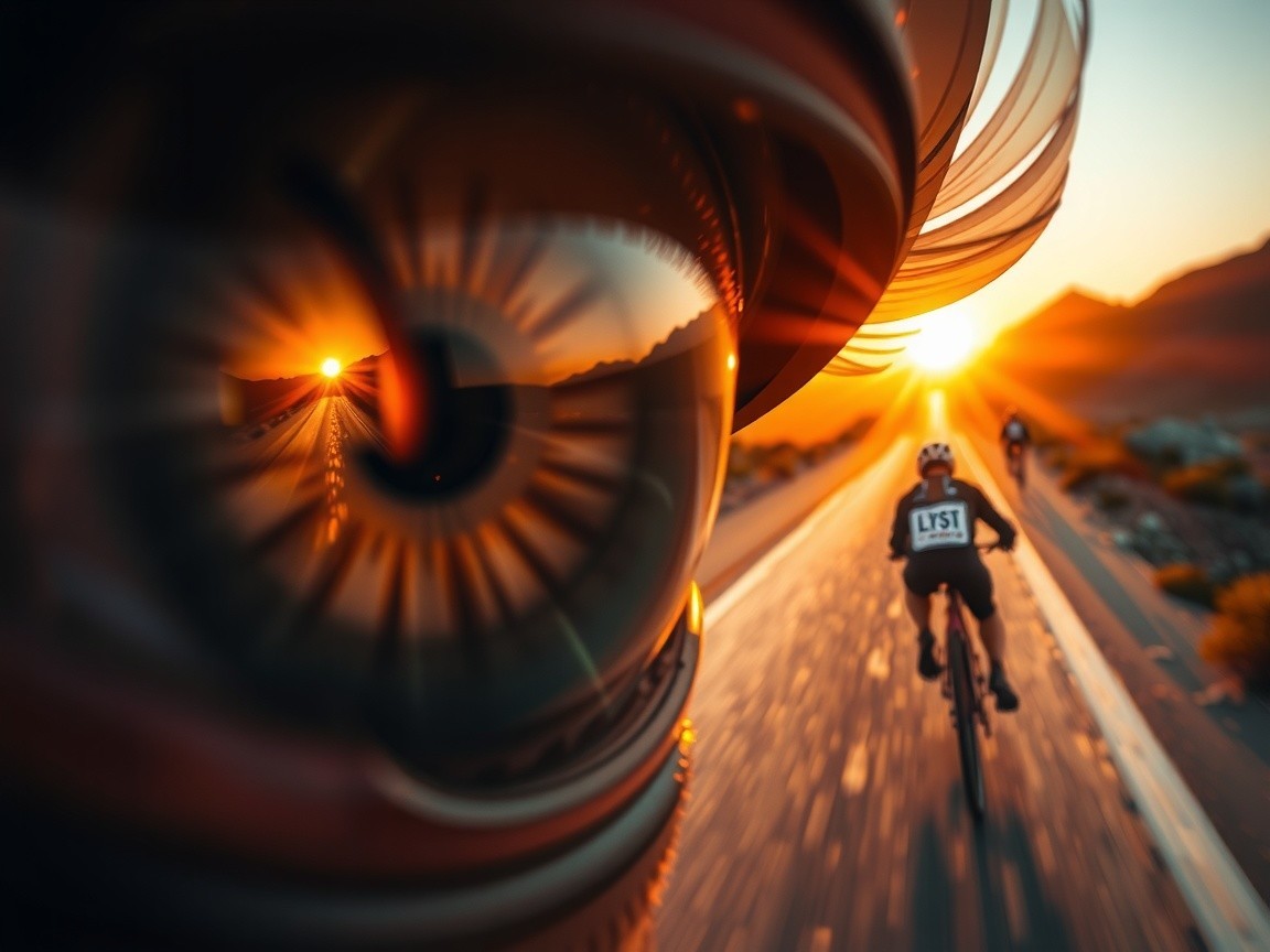 Cyclists on Winding Road at Sunset with Dynamic Focus