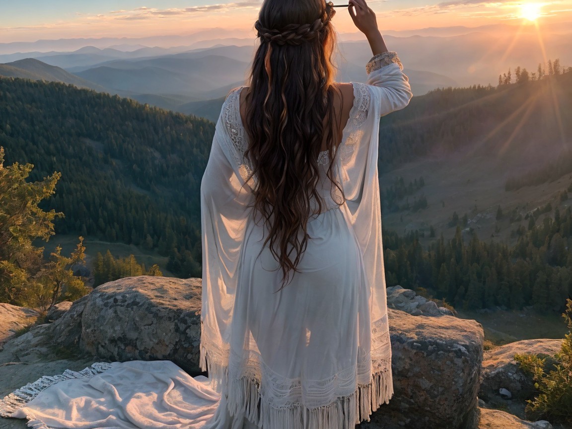 Woman in White Garment at Mountain Overlook at Sunset