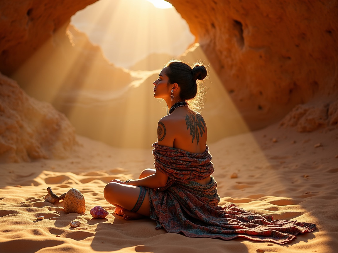 Woman in Desert Landscape with Sunlight and Tattoo