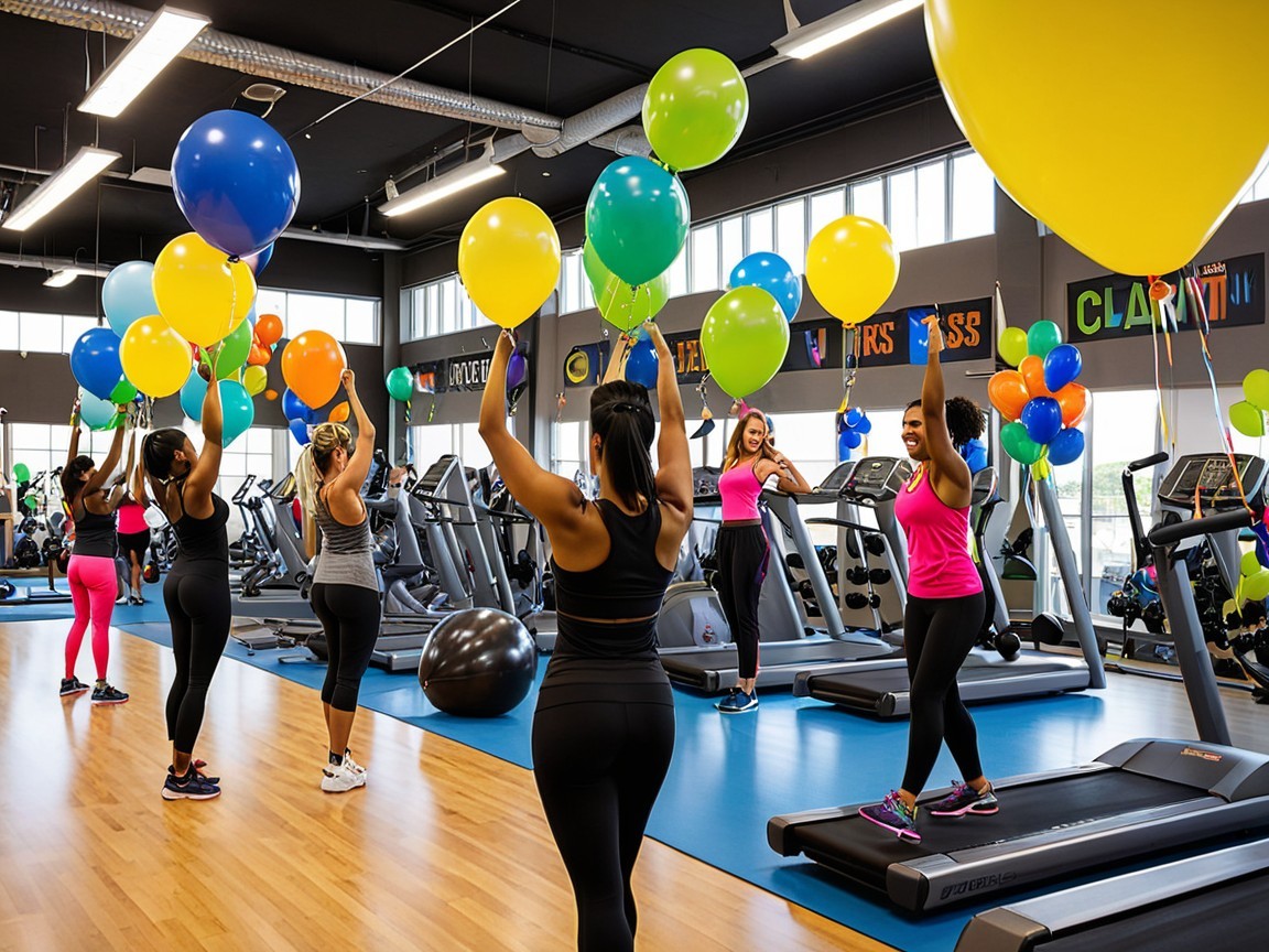Vibrant Fitness Class in Modern Gym with Balloons