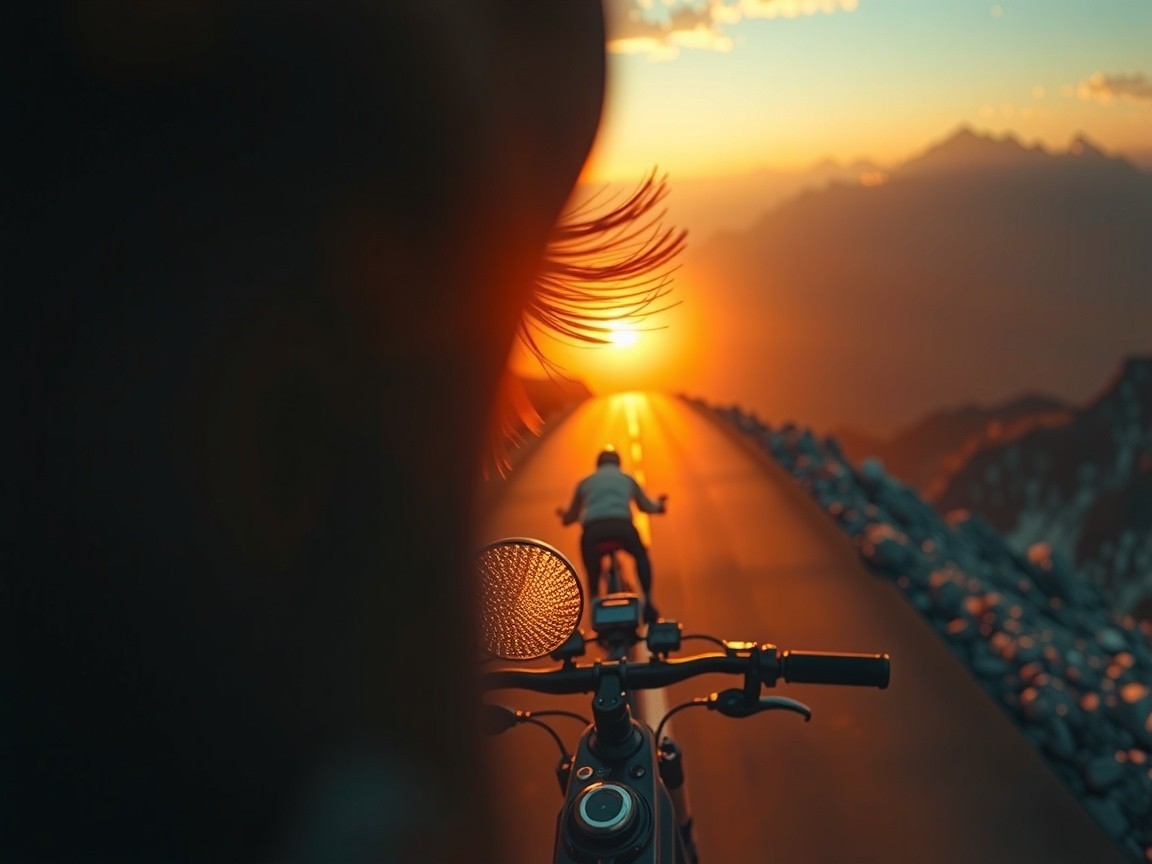 Cyclist on Winding Mountain Road at Sunset