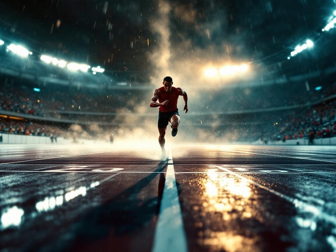 Athlete Sprinting on Rain-Soaked Track in Stadium