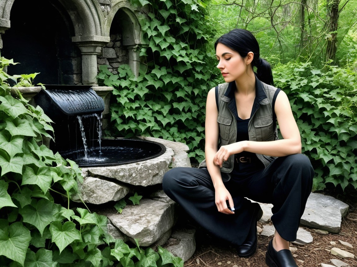 Woman in Green Vest by Tranquil Stone Fountain
