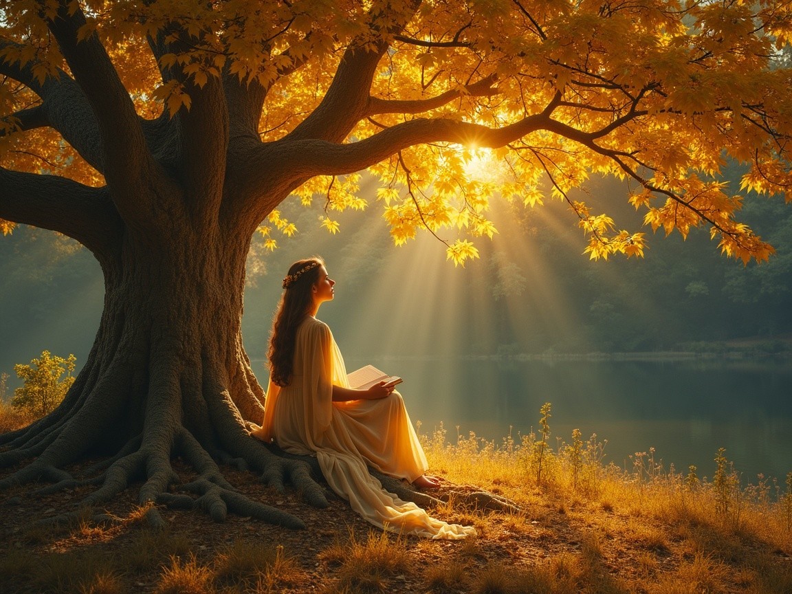 Woman Reading Under a Tree with Golden Leaves