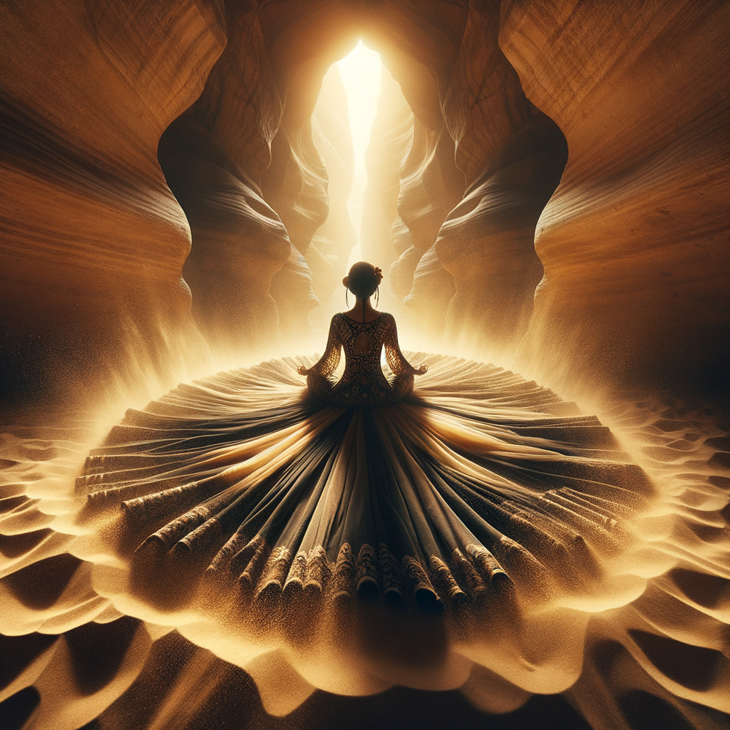 Elegant figure in gown within a serene canyon setting