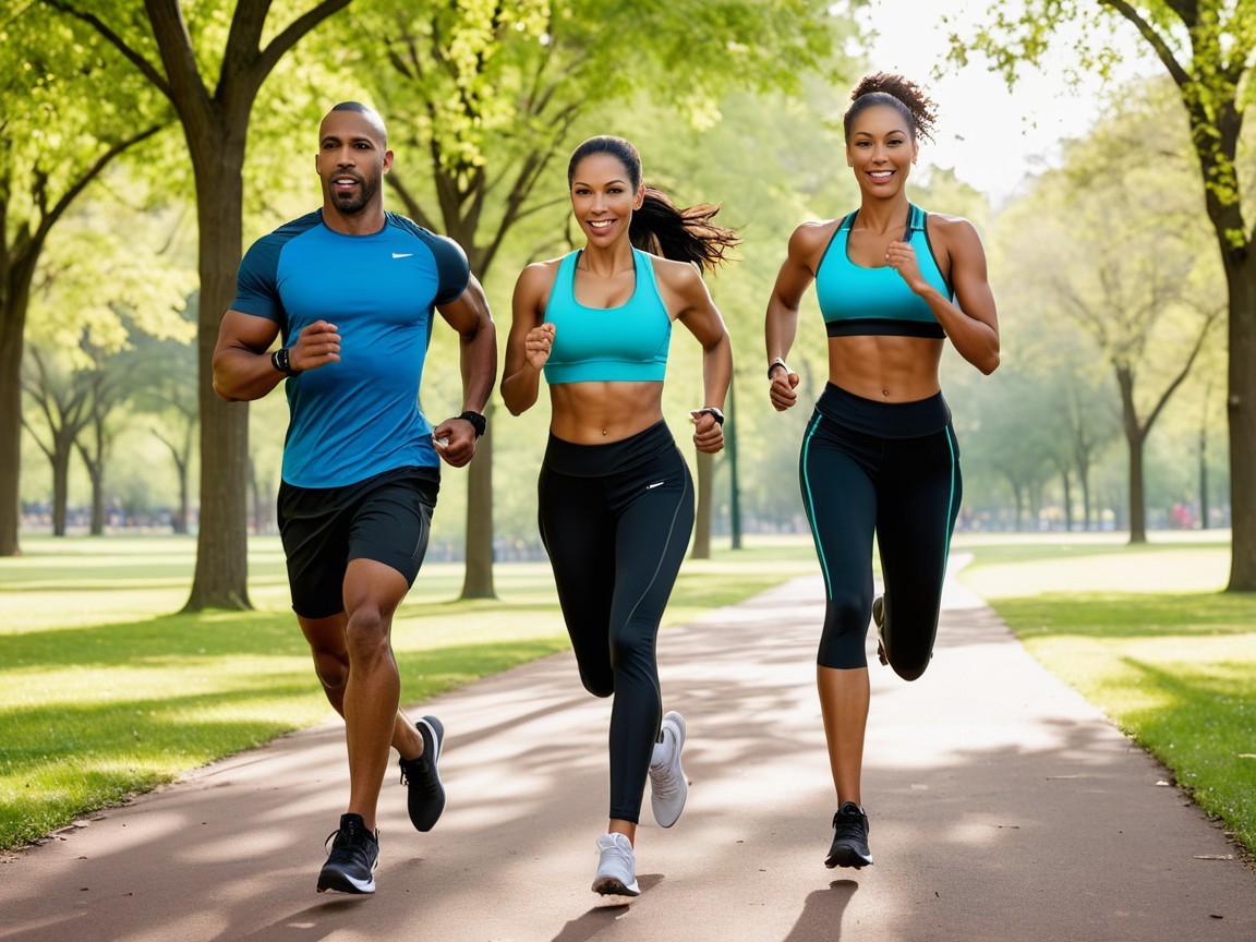 Athletic Individuals Jogging in a Vibrant Park