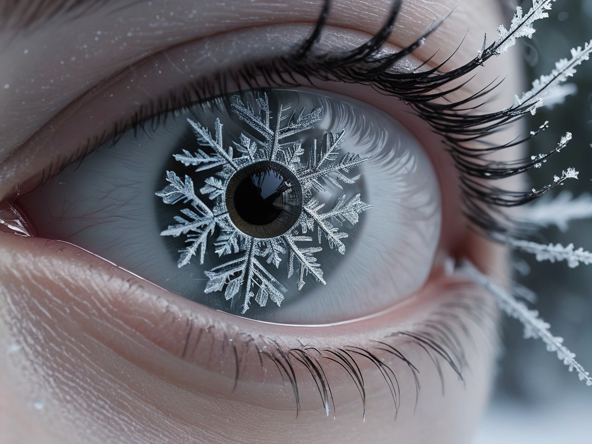 Macro Close-Up of a Human Eye with Snowflake Overlay