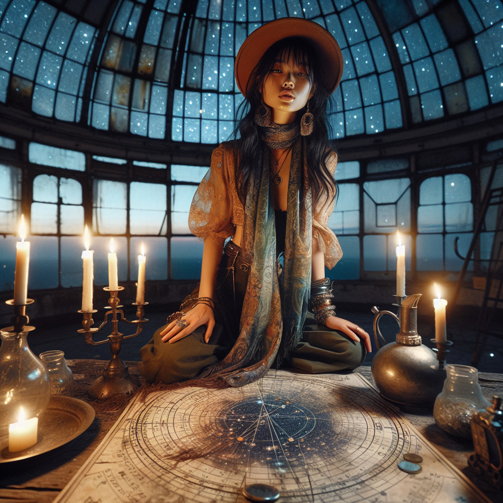 Mystical Scene with Young Woman on Celestial Map