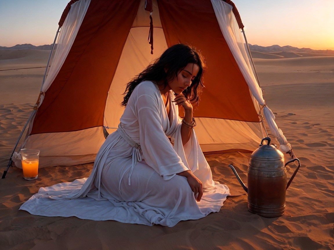 Woman in white robe in serene desert setting