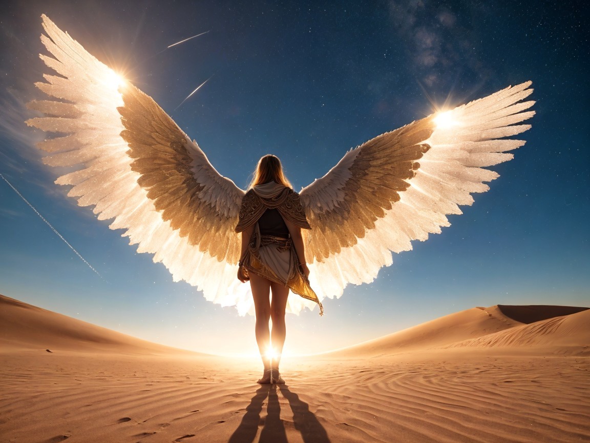 Majestic figure with ethereal wings in desert night sky