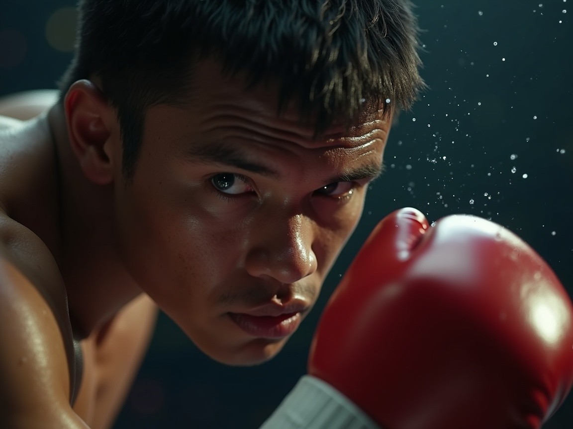 Intense Boxer Portrait with Red Glove and Focused Expression
