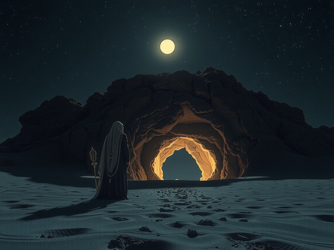 Mystical Desert Scene with Hooded Figure and Cave