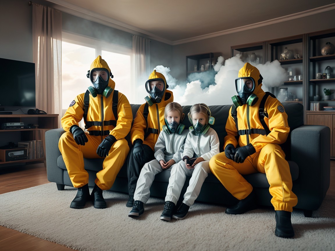 Living Room Scene with Hazmat Suits and Smoke