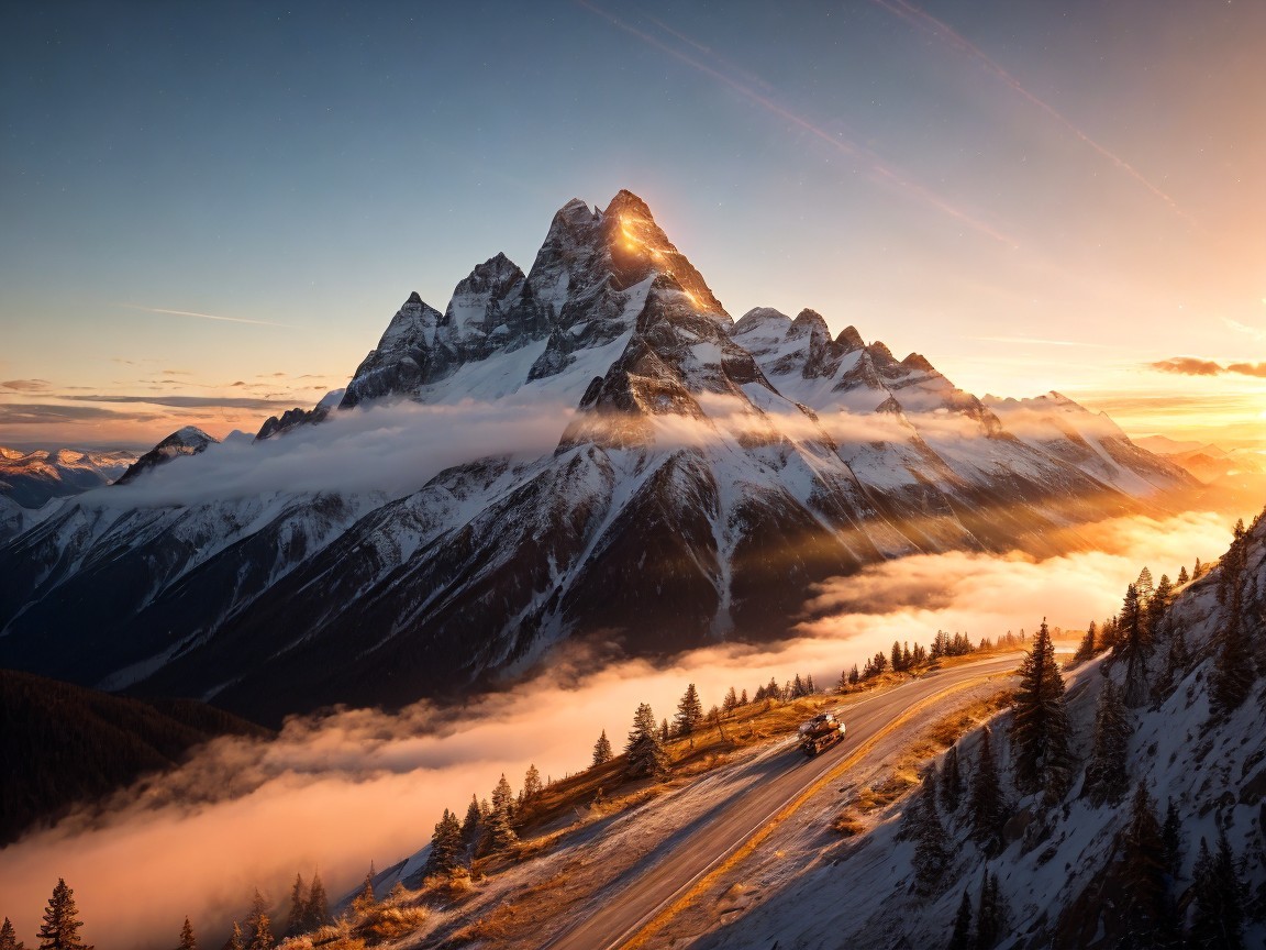 Mountain Landscape at Sunrise with Fog and Trees