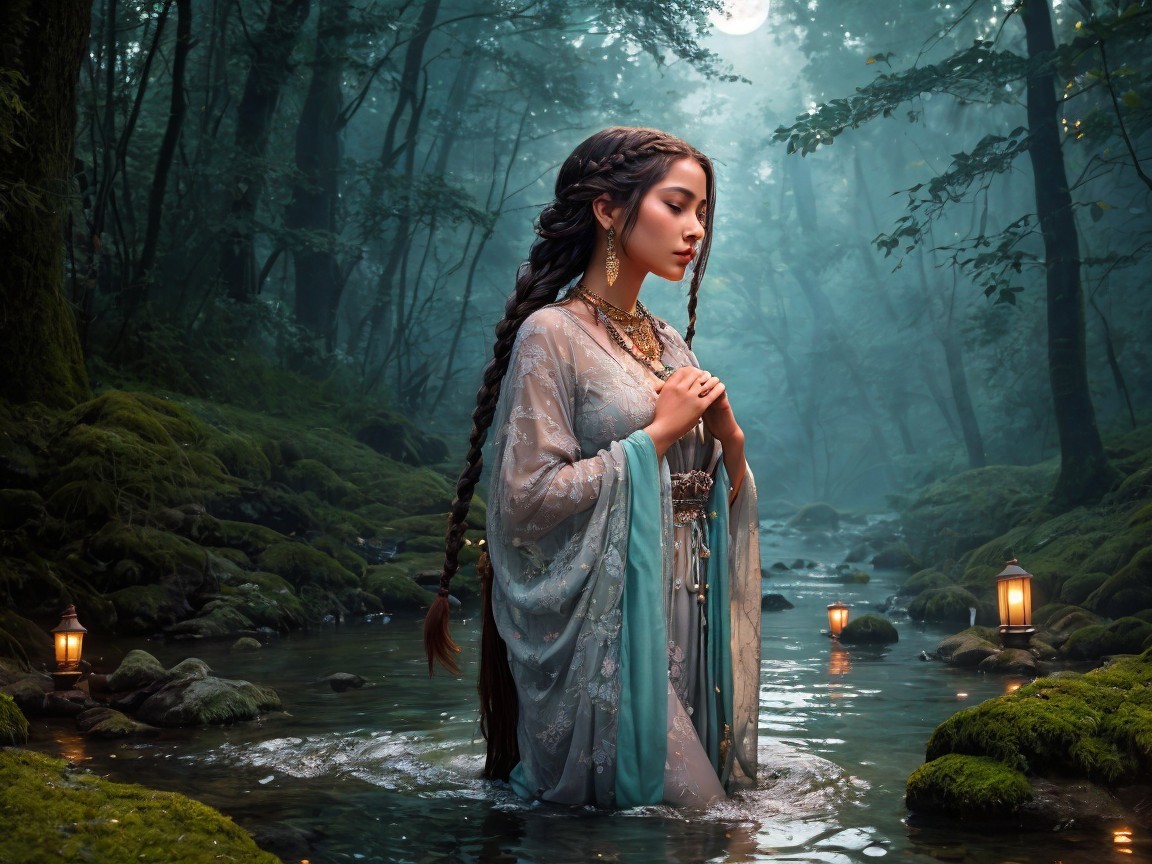 Serene Figure in Tranquil Forest Stream with Lanterns