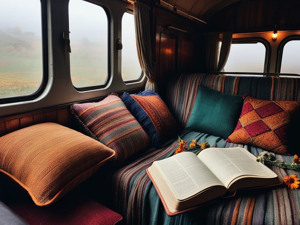 Cozy Vintage Vehicle Interior with Plush Sofa and Book
