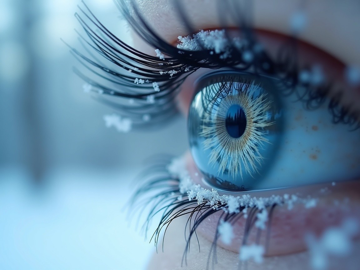 Close-up of a blue eye with snowflakes and details