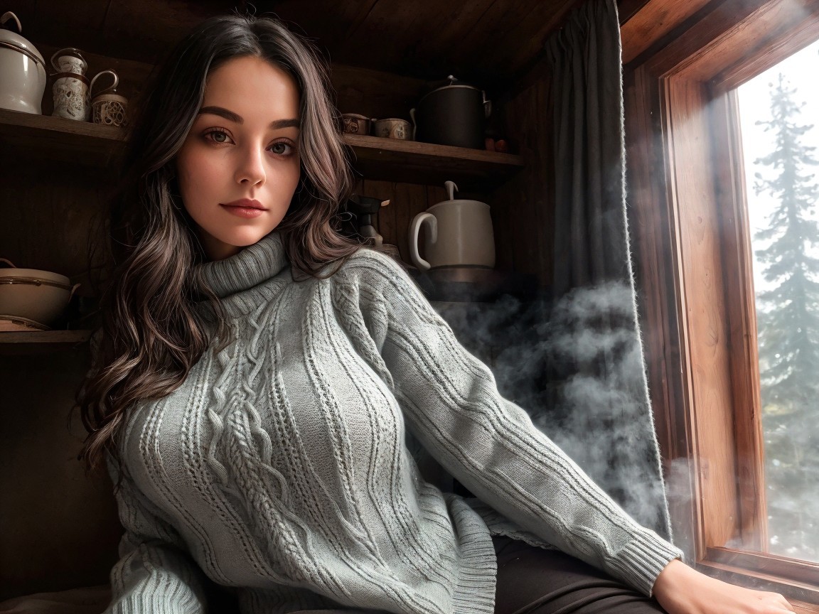 Young Woman in Cozy Cabin with Natural Light