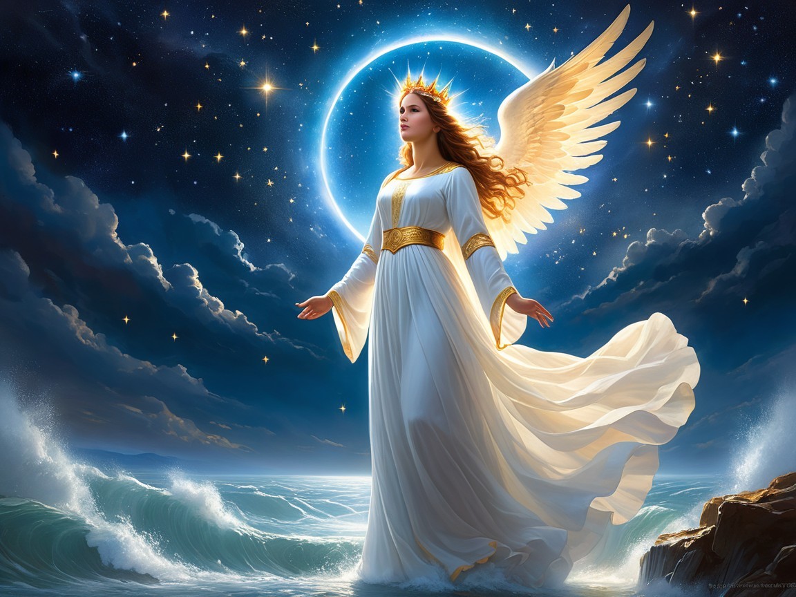 Celestial Figure with Wings Against Night Sky