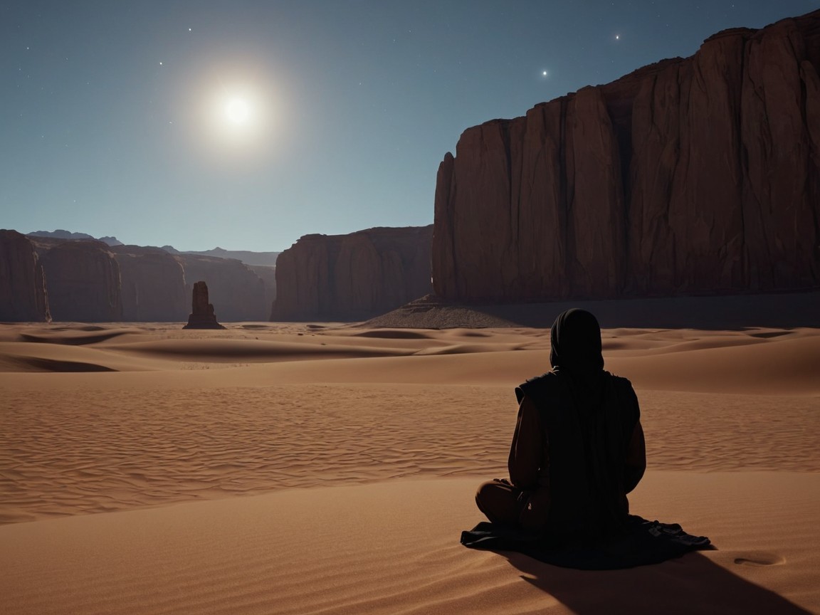 Solitary Figure in Desert Under Starry Night Sky