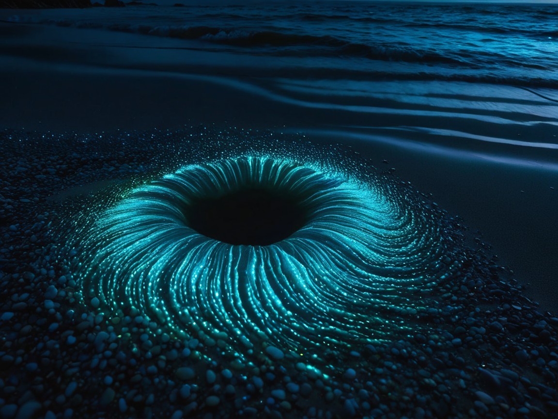 Bioluminescent Vortex on Rocky Beach at Night