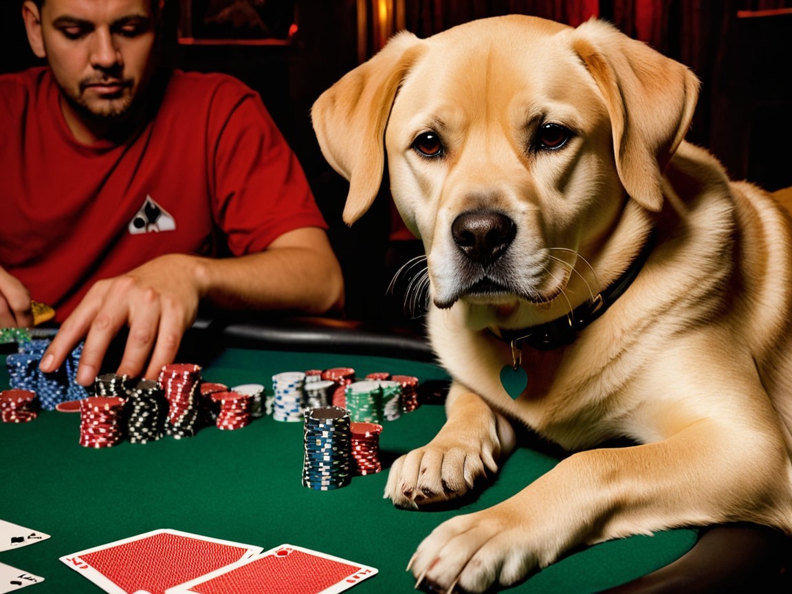 Golden Retriever Observing Poker Game on Green Table