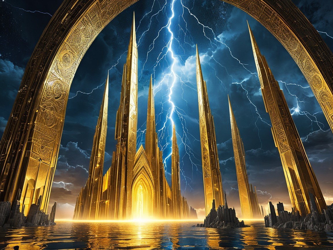 Majestic city with golden spires and dramatic skies