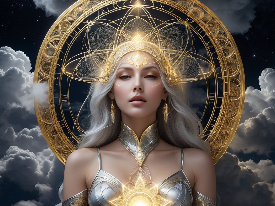 Serene figure with silver hair and ornate attire
