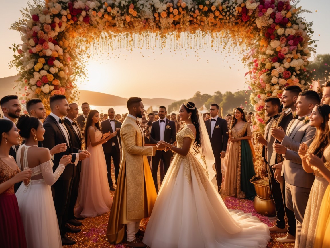 Outdoor wedding ceremony with floral arch at sunset