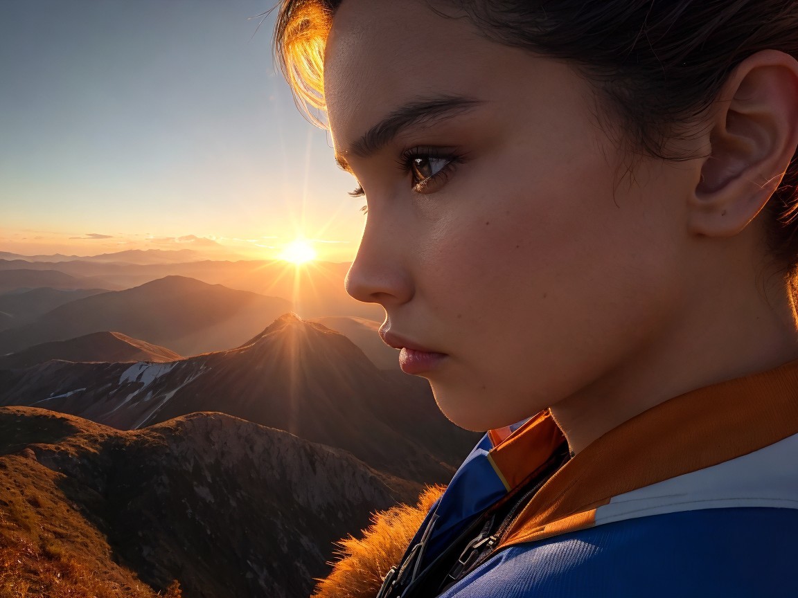 Young Woman's Profile at Mountain Sunset Scene