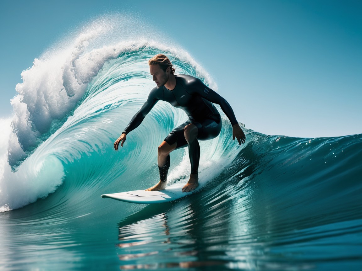 Surfer Riding a Blue Wave with Dynamic Motion