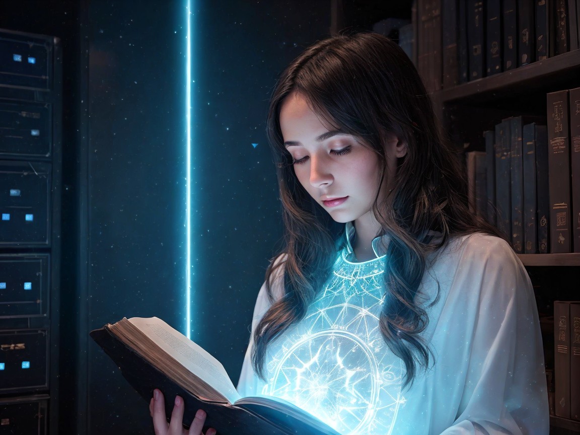 Young woman in library with glowing book and light