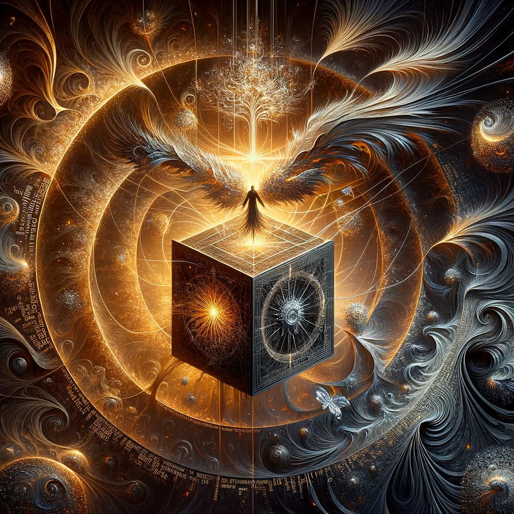 Ethereal Figure in Radiant Cube with Fractal Patterns