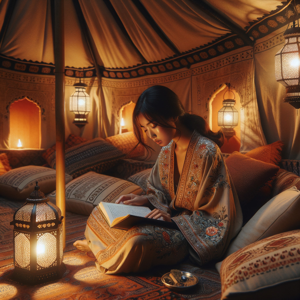 Cozy tent interior with a woman reading a book