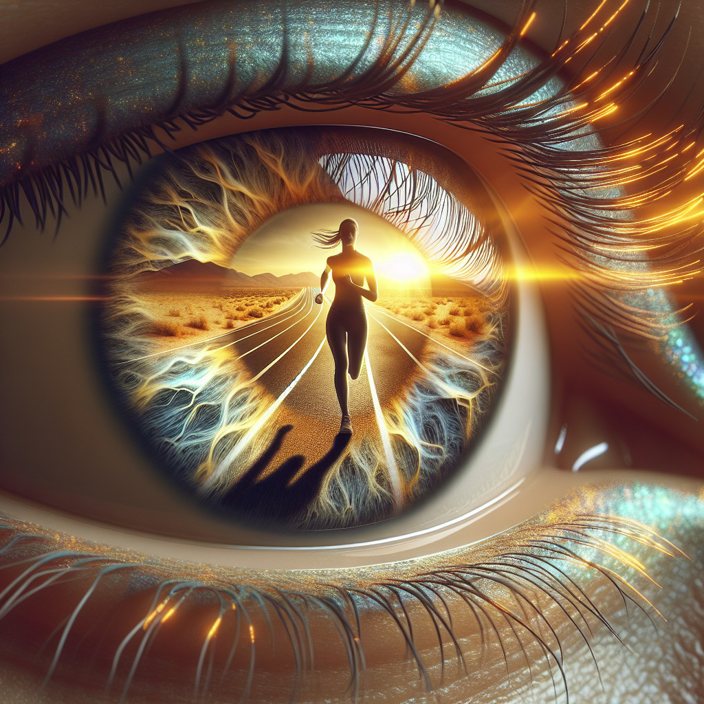 Close-up of an eye with reflective landscape and runner