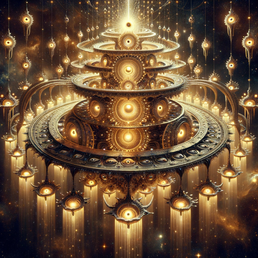 Cosmic Temple Structure with Glowing Orbs and Patterns